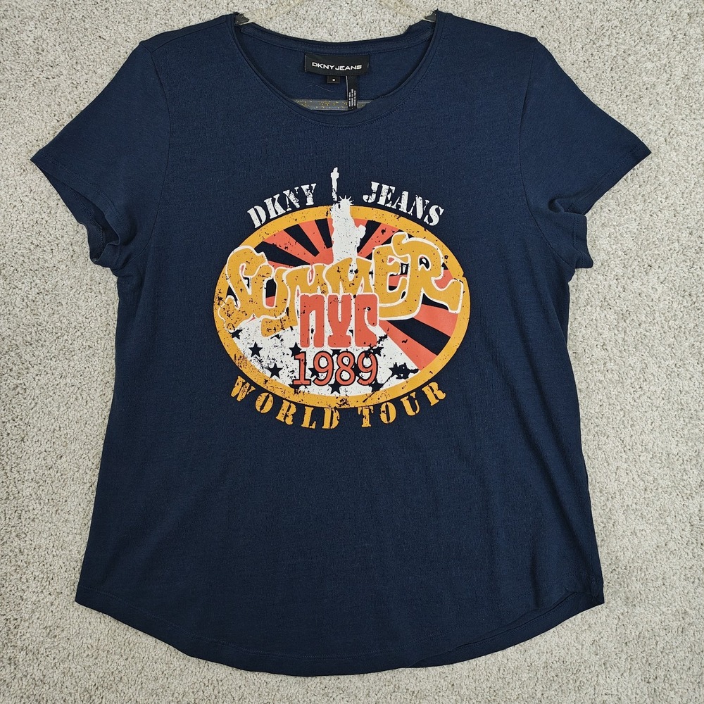 DKNY JEANS 1989 NYC World Tour T-Shirt‎ SOHO TRIBECA pop art GRAPHICS Navy Blue